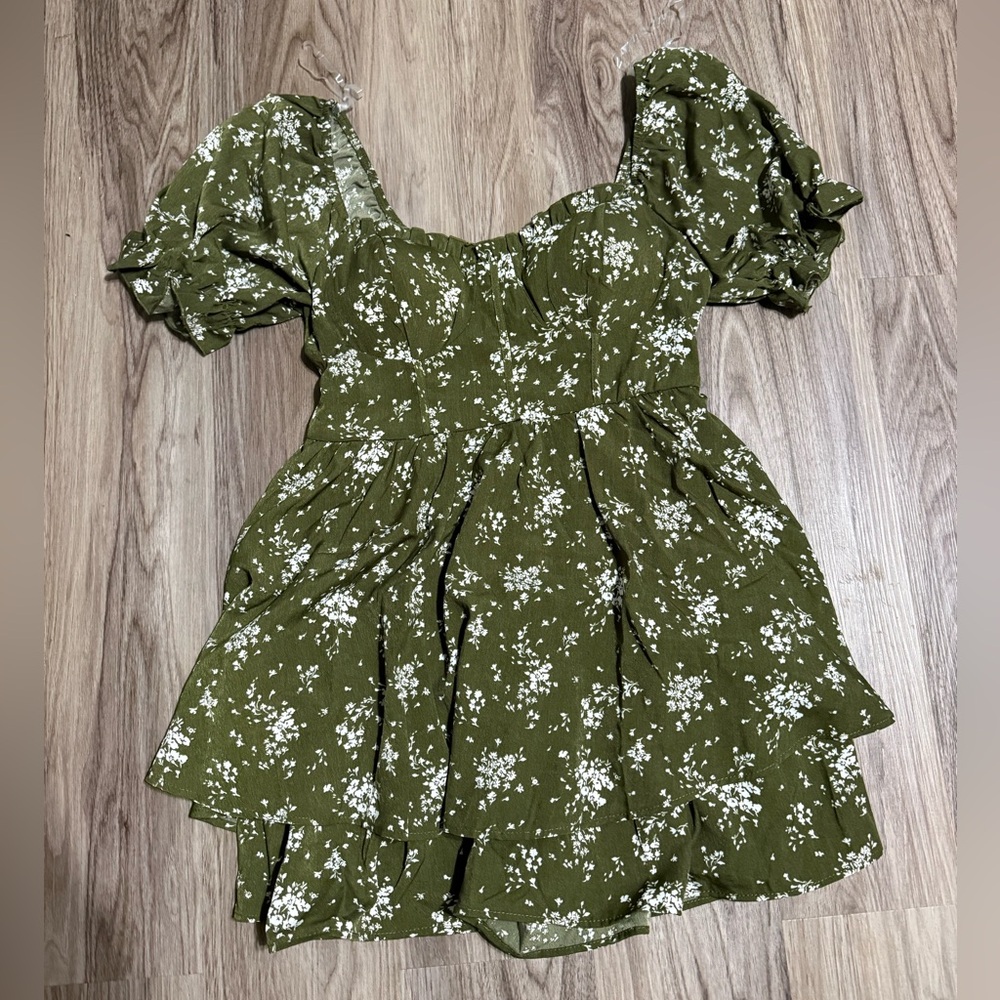 Charming Olive Green Floral Dress